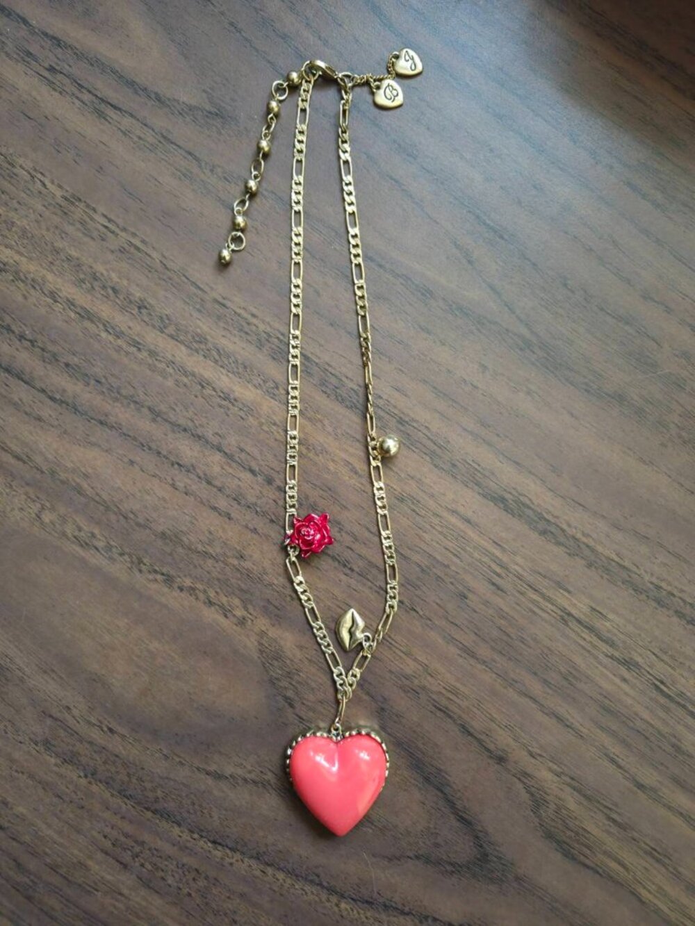 Betsey Johnson Vintage Puffy Coral Pink Heart Charm Necklace Rose Lips Rare